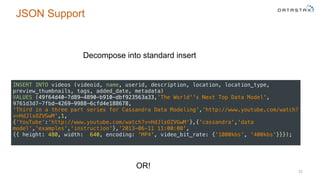 JSON Support
12
INSERT INTO videos (videoid, name, userid, description, location, location_type,
preview_thumbnails, tags, added_date, metadata) 
VALUES (49f64d40-7d89-4890-b910-dbf923563a33,'The World''s Next Top Data Model',
9761d3d7-7fbd-4269-9988-6cfd4e188678,  
'Third in a three part series for Cassandra Data Modeling','http://www.youtube.com/watch?
v=HdJlsOZVGwM',1, 
{'YouTube':'http://www.youtube.com/watch?v=HdJlsOZVGwM'},{'cassandra','data
model','examples','instruction'},'2013-06-11 11:00:00', 
{{ height: 480, width: 640, encoding: 'MP4', video_bit_rate: {'1000kbs', '400kbs'}}});
Decompose into standard insert
OR!
 