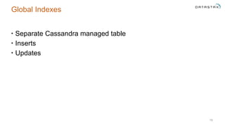 Global Indexes
• Separate Cassandra managed table
• Inserts
• Updates
19
 