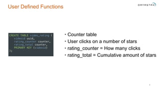 User Defined Functions
• Counter table
• User clicks on a number of stars
• rating_counter = How many clicks
• rating_total = Cumulative amount of stars
4
CREATE TABLE video_rating ( 
videoid uuid, 
rating_counter counter, 
rating_total counter, 
PRIMARY KEY (videoid) 
);
 