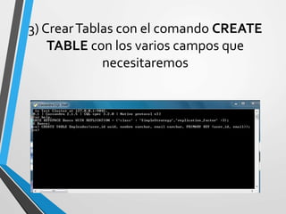 3) CrearTablas con el comando CREATE
TABLE con los varios campos que
necesitaremos
 
