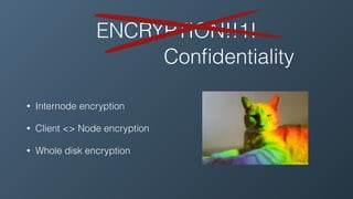 Conﬁdentiality
• Internode encryption
• Client <> Node encryption
• Whole disk encryption
ENCRYPTION!!1!
 