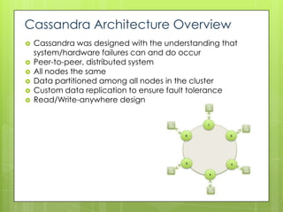 Cassandra Architecture Overview
   Cassandra was designed with the understanding that
    system/hardware failures can and do occur
   Peer-to-peer, distributed system
   All nodes the same
   Data partitioned among all nodes in the cluster
   Custom data replication to ensure fault tolerance
   Read/Write-anywhere design
 