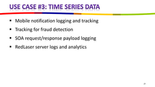  Mobile notification logging and tracking
 Tracking for fraud detection
 SOA request/response payload logging
 RedLaser server logs and analytics




                                             21
 