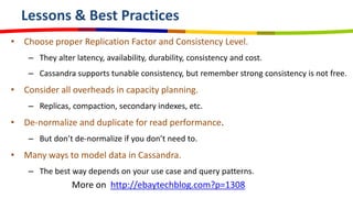 Lessons & Best Practices
• Choose proper Replication Factor and Consistency Level.
    – They alter latency, availability, durability, consistency and cost.
    – Cassandra supports tunable consistency, but remember strong consistency is not free.
• Consider all overheads in capacity planning.
    – Replicas, compaction, secondary indexes, etc.
• De-normalize and duplicate for read performance.
    – But don’t de-normalize if you don’t need to.
• Many ways to model data in Cassandra.
    – The best way depends on your use case and query patterns.
                More on http://ebaytechblog.com?p=1308
 