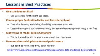 Lessons & Best Practices
• One size does not fit all
– Use Cassandra for the right use cases.
• Choose proper Replication Factor and Consistency Level
– They alter latency, availability, durability, consistency and cost.
– Cassandra supports tunable consistency, but remember strong consistency is not free.
• Many ways to model data in Cassandra
– The best way depends on your use case and query patterns.
• De-normalize and duplicate for read performance
– But don’t de-normalize if you don’t need to.
http://www.slideshare.net/jaykumarpatel/cassandra-data-modeling-best-practices
29
 