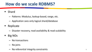 How do we scale RDBMS?
 Shard
– Patterns: Modulus, lookup-based, range, etc.
– Application sees only logical shard/database
 Replicate
– Disaster recovery, read availability & read scalability
 Big NOs
– No transactions
– No joins
– No referential integrity constraints 5
 