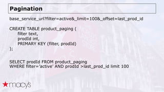 Pagination
base_service_url?filter=active&_limit=100&_offset=last_prod_id
CREATE TABLE product_paging (
filter text,
prodId int,
PRIMARY KEY (filter, prodId)
);
SELECT prodId FROM product_paging 
WHERE filter=’active’ AND prodId >last_prod_id limit 100
 