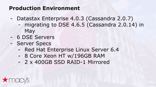 Production Environment
- Datastax Enterprise 4.0.3 (Cassandra 2.0.7)
- migrating to DSE 4.6.5 (Cassandra 2.0.14) in
May
- 6 DSE Servers
- Server Specs
- Red Hat Enterprise Linux Server 6.4
- 8 Core Xeon HT w/196GB RAM
- 2 x 400GB SSD RAID-1 Mirrored
 