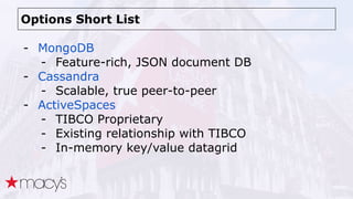 Options Short List
- MongoDB
- Feature-rich, JSON document DB
- Cassandra
- Scalable, true peer-to-peer
- ActiveSpaces
- T...