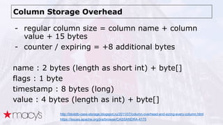 Column Storage Overhead
- regular column size = column name + column
value + 15 bytes
- counter / expiring = +8 additional...