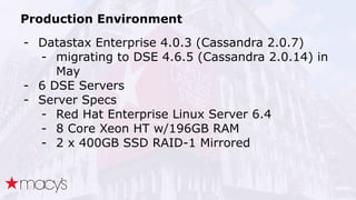 Production Environment
- Datastax Enterprise 4.0.3 (Cassandra 2.0.7)
- migrating to DSE 4.6.5 (Cassandra 2.0.14) in
May
- ...