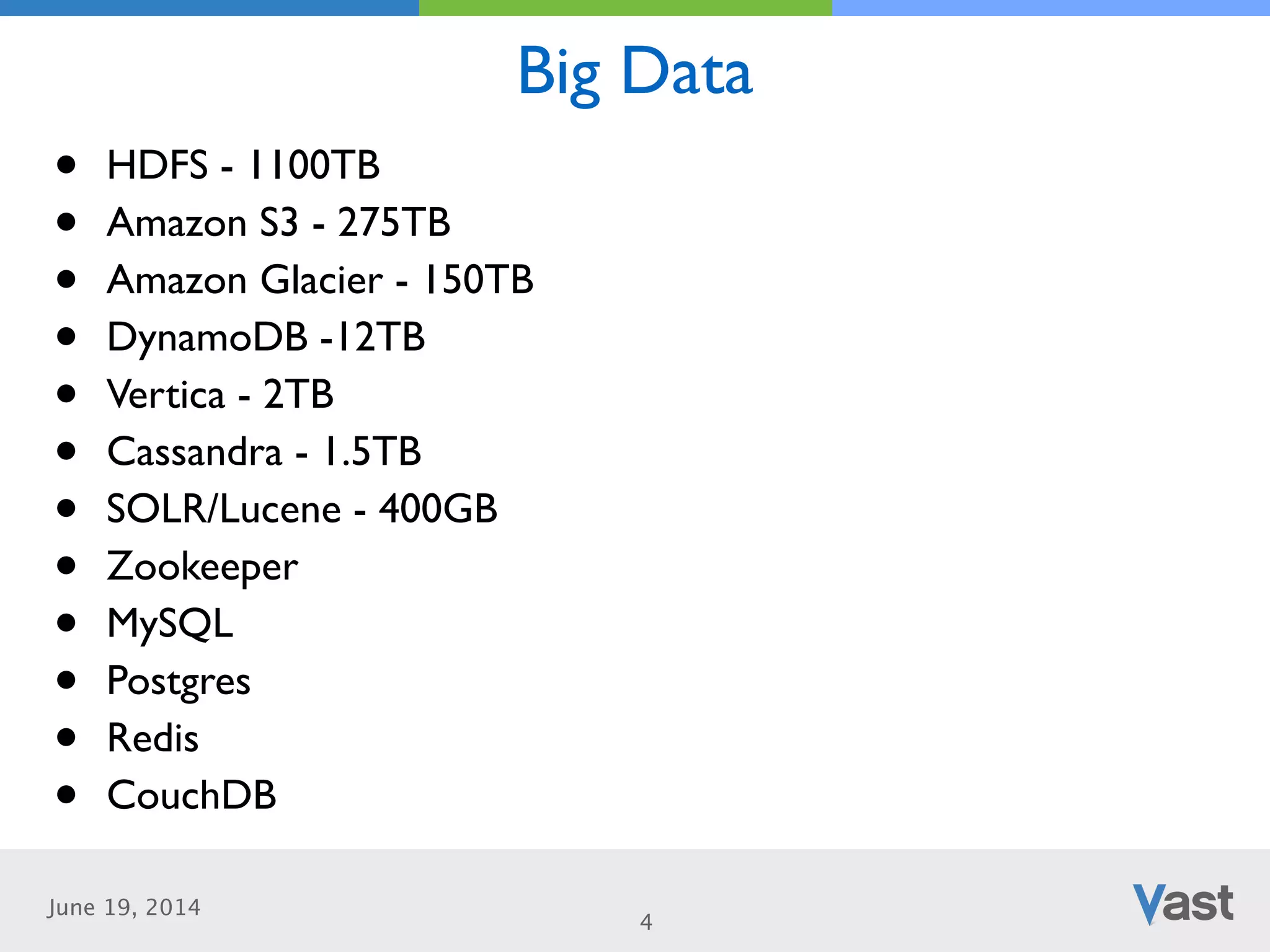 June 19, 2014
Big Data
4
• HDFS - 1100TB	

• Amazon S3 - 275TB	

• Amazon Glacier - 150TB	

• DynamoDB -12TB	

• Vertica - 2TB	

• Cassandra - 1.5TB	

• SOLR/Lucene - 400GB	

• Zookeeper	

• MySQL	

• Postgres	

• Redis	

• CouchDB
 