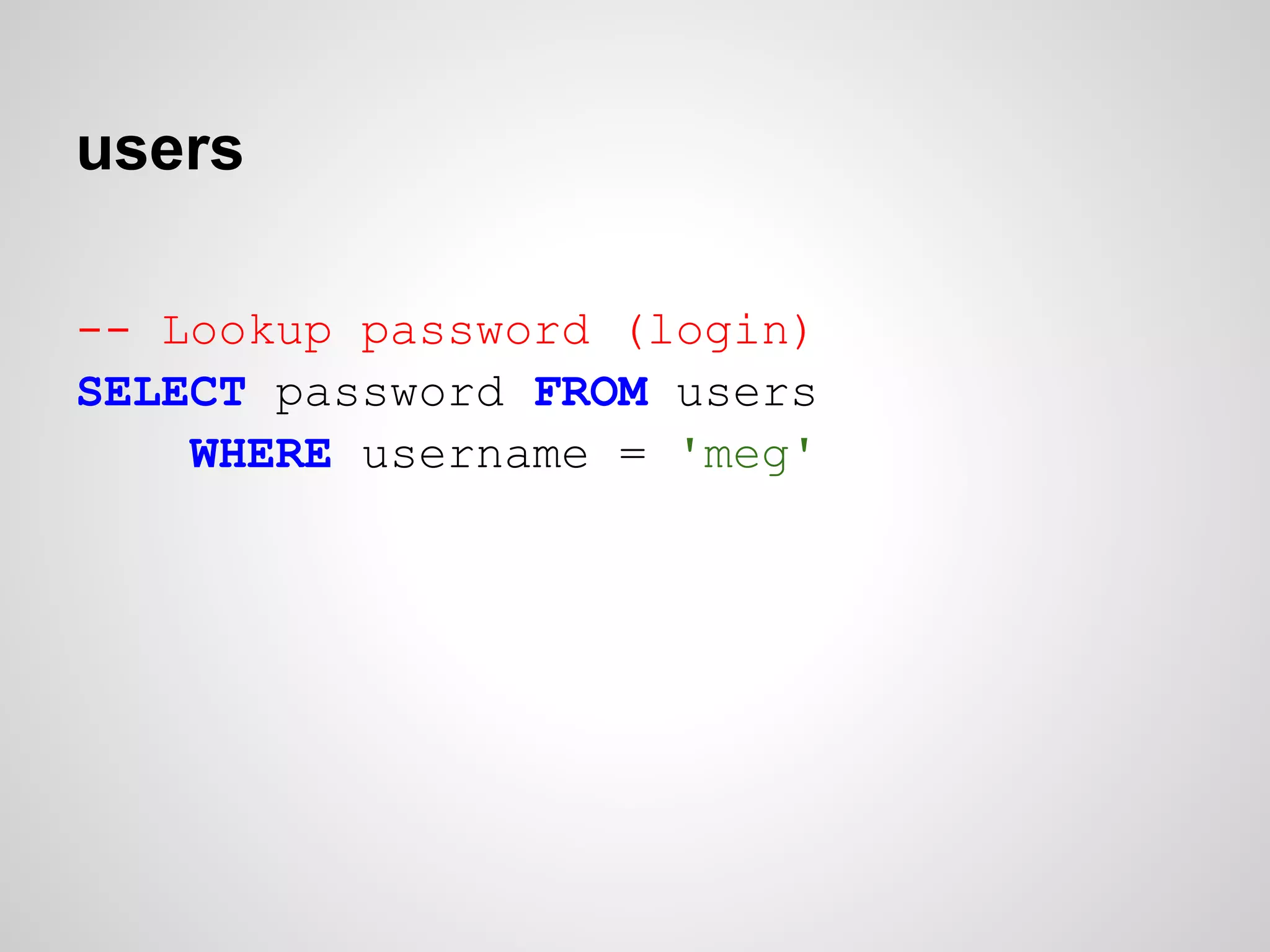 users

-- Lookup password (login)
SELECT password FROM users
    WHERE username = 'meg'
 