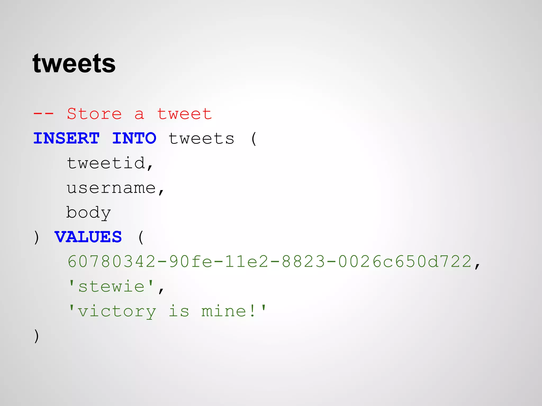 tweets
-- Store a tweet
INSERT INTO tweets (
   tweetid,
   username,
   body
) VALUES (
   60780342-90fe-11e2-8823-0026c650d722,
   'stewie',
   'victory is mine!'
)
 