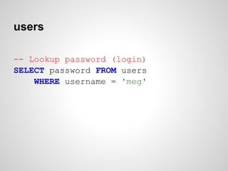 users

-- Lookup password (login)
SELECT password FROM users
    WHERE username = 'meg'
 