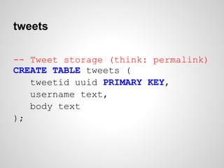 tweets

-- Tweet storage (think: permalink)
CREATE TABLE tweets (
   tweetid uuid PRIMARY KEY,
   username text,
   body t...