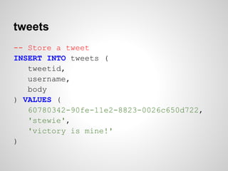 tweets
-- Store a tweet
INSERT INTO tweets (
   tweetid,
   username,
   body
) VALUES (
   60780342-90fe-11e2-8823-0026c650d722,
   'stewie',
   'victory is mine!'
)
 