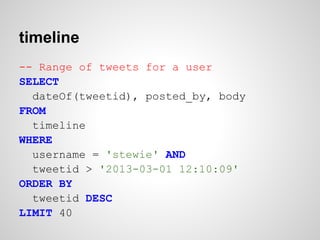 timeline
-- Range of tweets for a user
SELECT
  dateOf(tweetid), posted_by, body
FROM
  timeline
WHERE
  username = 'stewie' AND
  tweetid > '2013-03-01 12:10:09'
ORDER BY
  tweetid DESC
LIMIT 40
 