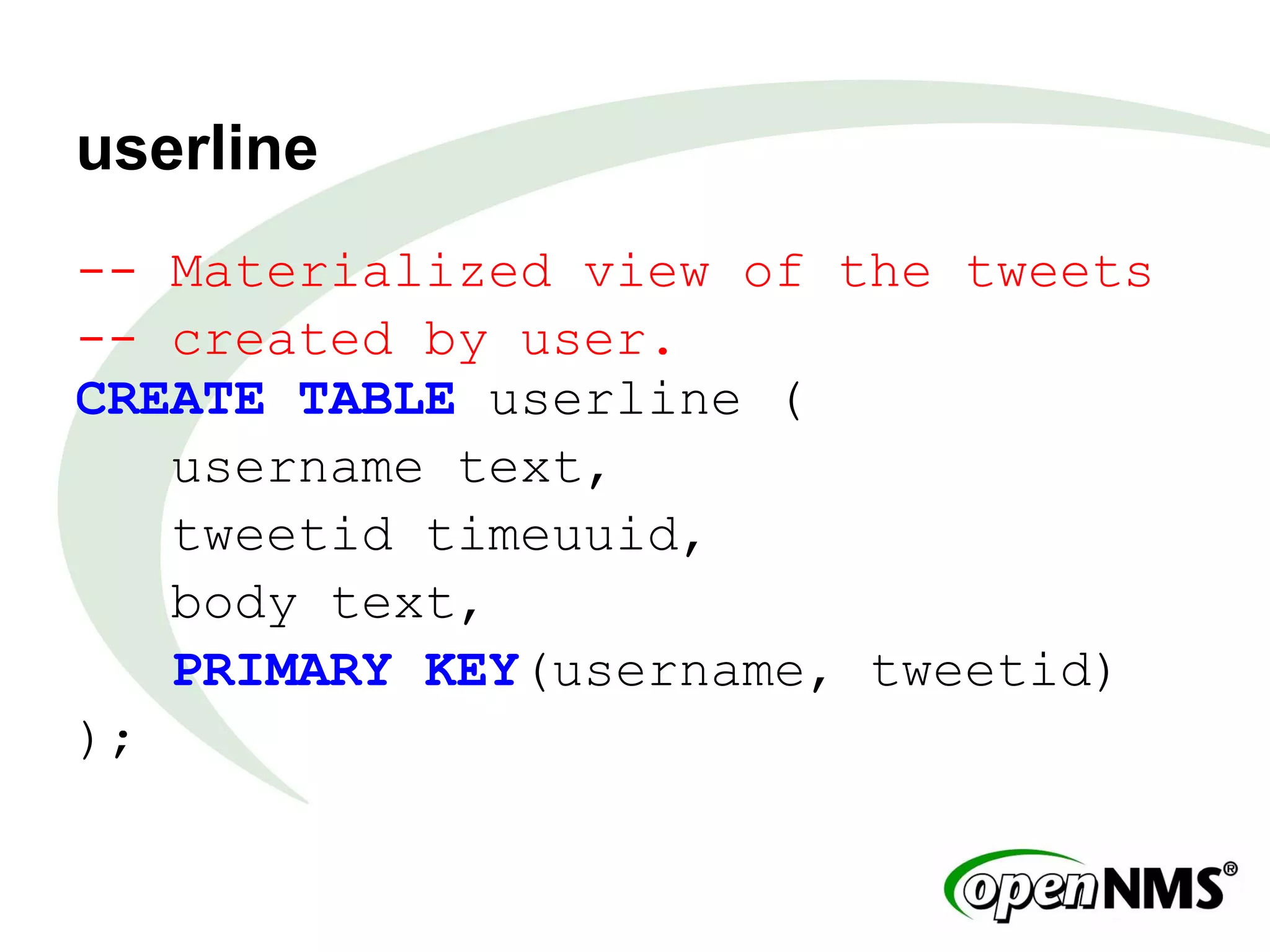 userline
-- Materialized view of the tweets
-- created by user.
CREATE TABLE userline (
username text,
tweetid timeuuid,
body text,
PRIMARY KEY(username, tweetid)
);
 