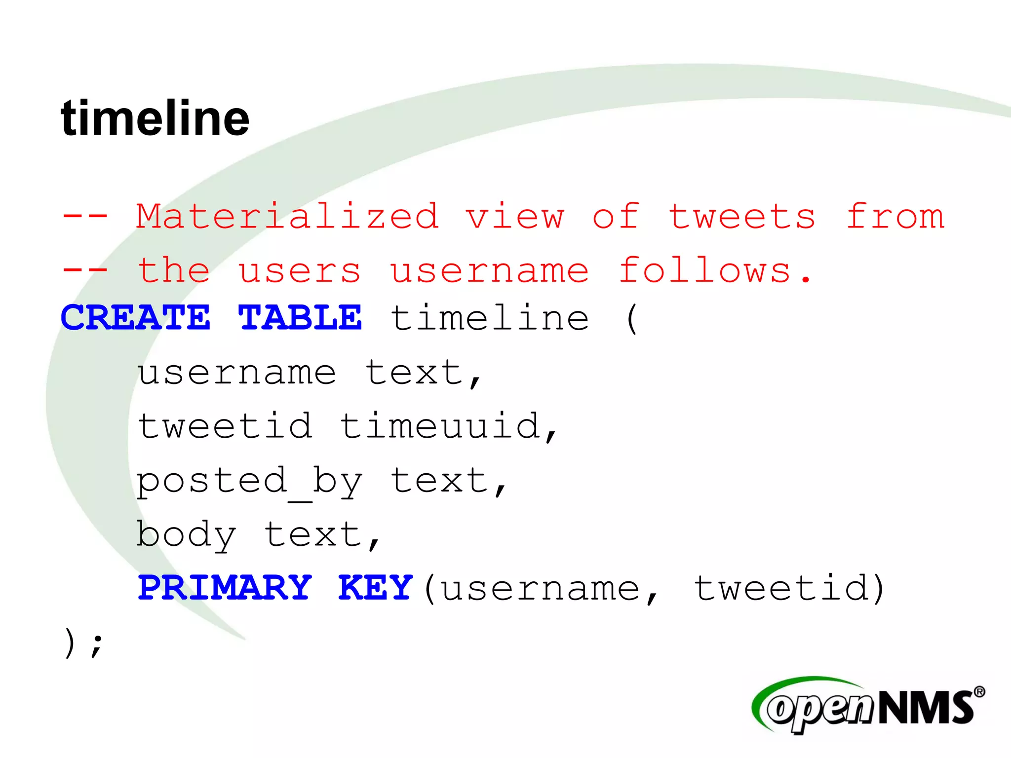 timeline
-- Materialized view of tweets from
-- the users username follows.
CREATE TABLE timeline (
username text,
tweetid timeuuid,
posted_by text,
body text,
PRIMARY KEY(username, tweetid)
);
 