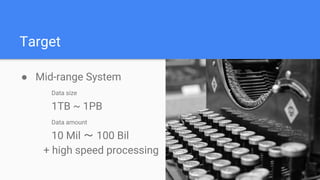 Target
● Mid-range System
Data size
1TB ~ 1PB
Data amount
10 Mil ～ 100 Bil
+ high speed processing
 