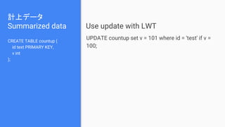 計上データ
Summarized data
CREATE TABLE countup (
id text PRIMARY KEY,
v int
);
UPDATE countup set v = 101 where id = 'test' if v =
100;
Use update with LWT
 