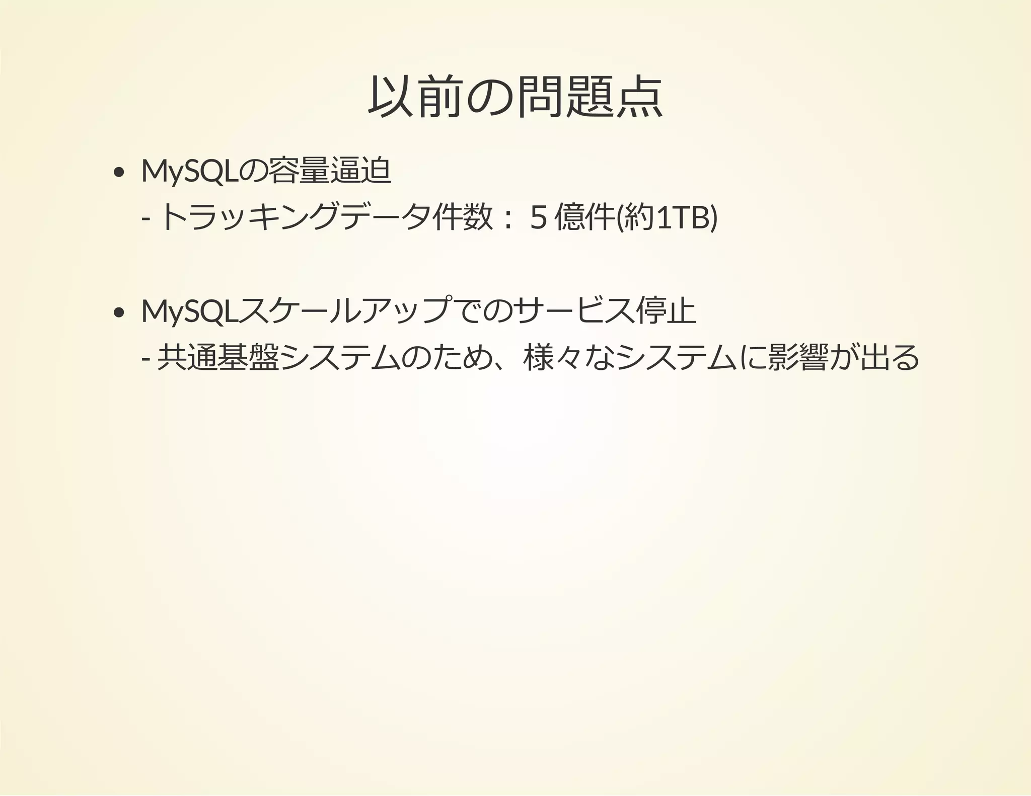 以前の問題点
MySQLの容量逼迫
- トラッキングデータ件数：５億件(約1TB)
MySQLスケールアップでのサービス停⽌
- 共通基盤システムのため、様々なシステムに影響が出る

 