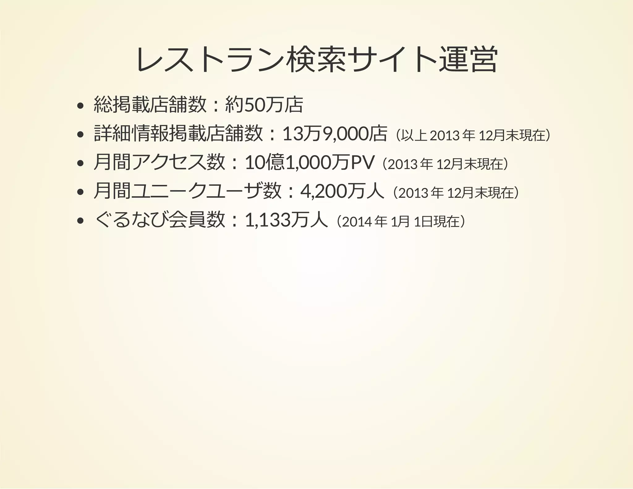 レストラン検索サイト運営
総掲載店舗数：約50万店
詳細情報掲載店舗数：13万9,000店（以上 2013 年 12⽉末現在）
⽉間アクセス数：10億1,000万PV（2013 年 12⽉末現在）
⽉間ユニークユーザ数：4,200万⼈（2013 年 12⽉末現在）
ぐるなび会員数：1,133万⼈（2014 年 1⽉ 1⽇現在）

 