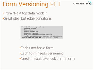 Form Versioning Pt 1
•From “Next top data model”
•Great idea, but edge conditions
CREATE TABLE working_version (!
!
username varchar,!
!
form_id int,!
!
version_number int,!
!
locked_by varchar,!
!
form_attributes map<varchar,varchar> !
!
PRIMARY KEY ((username, form_id), version_number)!
) WITH CLUSTERING ORDER BY (version_number DESC);

•Each user has a form
•Each form needs versioning
•Need an exclusive lock on the form

 