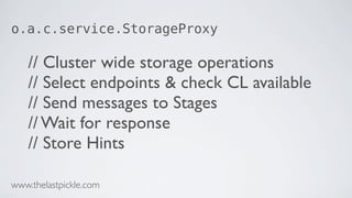 o.a.c.service.StorageProxy
// Cluster wide storage operations
// Select endpoints & check CL available
// Send messages to Stages
// Wait for response
// Store Hints
www.thelastpickle.com
 