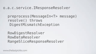 o.a.c.service.IResponseResolver
preprocess(MessageIn<T> message)
resolve() throws
DigestMismatchException
RowDigestResolver
RowDataResolver
RangeSliceResponseResolver
www.thelastpickle.com
 