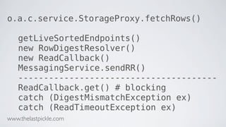 o.a.c.service.StorageProxy.fetchRows()
getLiveSortedEndpoints()
new RowDigestResolver()
new ReadCallback()
MessagingService.sendRR()
---------------------------------------
ReadCallback.get() # blocking
catch (DigestMismatchException ex)
catch (ReadTimeoutException ex)
www.thelastpickle.com
 