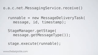 o.a.c.net.MessagingService.receive()
runnable = new MessageDeliveryTask(
message, id, timestamp);
StageManager.getStage(
message.getMessageType());
stage.execute(runnable);
www.thelastpickle.com
 