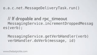 o.a.c.net.MessageDeliveryTask.run()
// If dropable and rpc_timeout
MessagingService.incrementDroppedMessag
es(verb);
MessagingService.getVerbHandler(verb)
verbHandler.doVerb(message, id)
www.thelastpickle.com
 