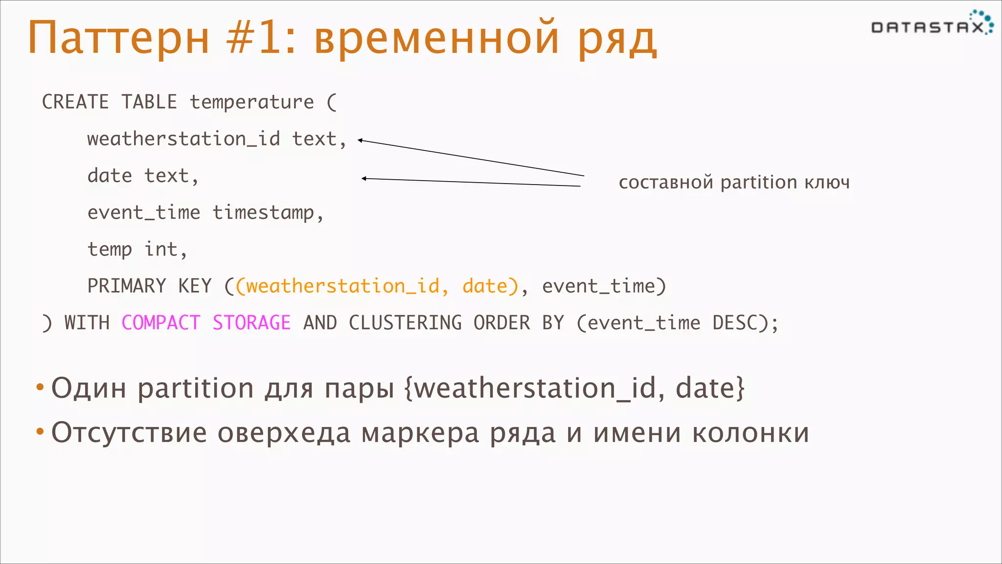 Паттерн #1: временной ряд
CREATE TABLE temperature (	
weatherstation_id text,	
date text,	

составной partition ключ

event_time timestamp,	
temp int,	
PRIMARY KEY ((weatherstation_id, date), event_time)	
) WITH COMPACT STORAGE AND CLUSTERING ORDER BY (event_time DESC);

• Один partition для пары {weatherstation_id, date}
• Отсутствие оверхеда маркера ряда и имени колонки

 