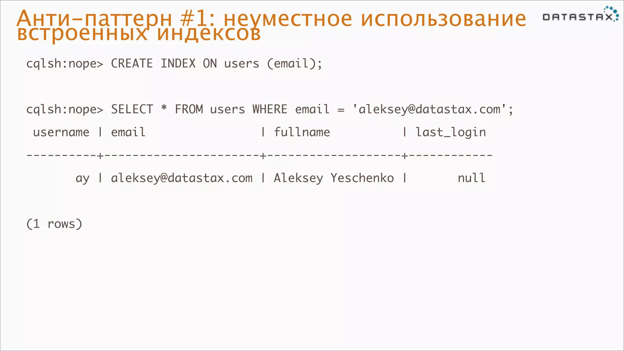 Анти-паттерн #1: неуместное использование
встроенных индексов
cqlsh:nope> CREATE INDEX ON users (email);	

!
cqlsh:nope> SELECT * FROM users WHERE email = 'aleksey@datastax.com';	
username | email

| fullname

| last_login	

----------+----------------------+-------------------+------------	
ay | aleksey@datastax.com | Aleksey Yeschenko |

!
(1 rows)

null	

 