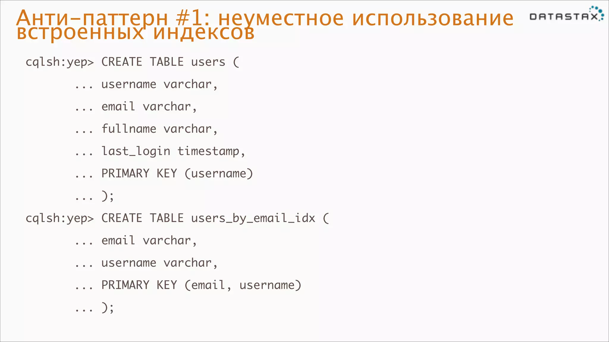 Анти-паттерн #1: неуместное использование
встроенных индексов
cqlsh:yep> CREATE TABLE users (	
... username varchar,	
... email varchar,	
... fullname varchar,	
... last_login timestamp,	
... PRIMARY KEY (username)	
... );	
cqlsh:yep> CREATE TABLE users_by_email_idx (	
... email varchar,	
... username varchar,	
... PRIMARY KEY (email, username)	
... );

 