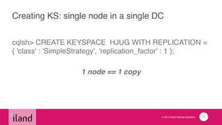 © 2014 iland internet solutions
Creating KS: single node in a single DC
cqlsh> CREATE KEYSPACE HJUG WITH REPLICATION =
{ 'class' : 'SimpleStrategy', 'replication_factor' : 1 };!
!
1 node == 1 copy!
34
 