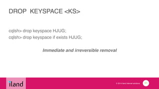 © 2014 iland internet solutions
DROP KEYSPACE <KS>
cqlsh> drop keyspace HJUG;!
cqlsh> drop keyspace if exists HJUG;!
!
Immediate and irreversible removal
41
 