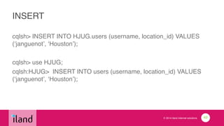 © 2014 iland internet solutions
INSERT
cqlsh> INSERT INTO HJUG.users (username, location_id) VALUES
(‘janguenot’, ‘Houston’); !
!
cqlsh> use HJUG;!
cqlsh:HJUG> INSERT INTO users (username, location_id) VALUES
(‘janguenot’, ‘Houston’);
49
 