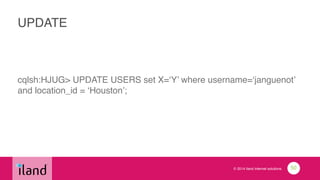 © 2014 iland internet solutions
UPDATE
cqlsh:HJUG> UPDATE USERS set X=‘Y’ where username=‘janguenot’
and location_id = ‘Houston’;
50
 
