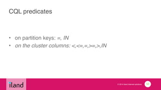 © 2014 iland internet solutions
CQL predicates
• on partition keys: =, IN!
• on the cluster columns: <,<=,=,>=,>,IN
52
 