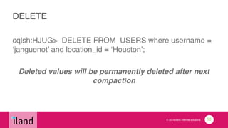 © 2014 iland internet solutions
DELETE
cqlsh:HJUG> DELETE FROM USERS where username =
‘janguenot’ and location_id = ‘Houston’;!
!
Deleted values will be permanently deleted after next
compaction
55
 