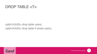 © 2014 iland internet solutions
DROP TABLE <T>
cqlsh:HJUG> drop table users;!
cqlsh:HJUG> drop table if exists users;
57
 