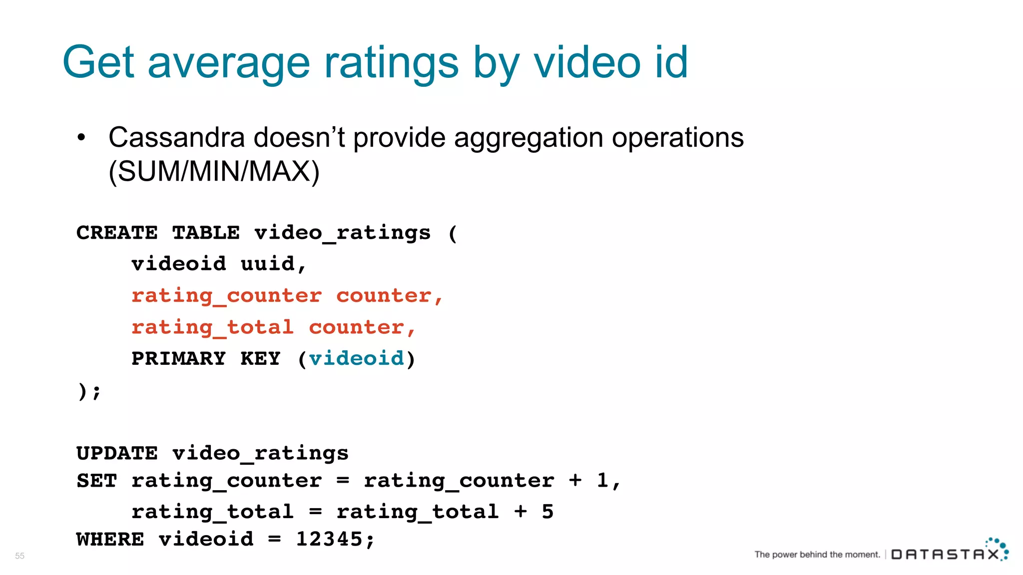 Get  average  ratings  by  video  id
CREATE TABLE video_ratings (
videoid uuid,
rating_counter counter,
rating_total counter,
PRIMARY KEY (videoid)
);
UPDATE video_ratings
SET rating_counter = rating_counter + 1,
rating_total = rating_total + 5
WHERE videoid = 12345;
55
• Cassandra  doesn’t  provide  aggregation  operations  
(SUM/MIN/MAX)
 