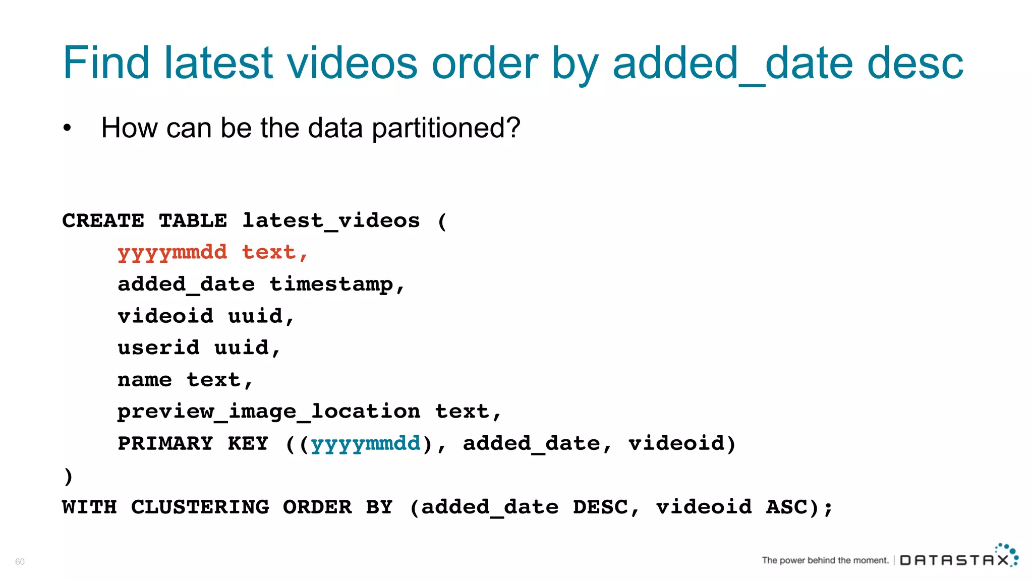 Find  latest  videos  order  by  added_date desc
CREATE TABLE latest_videos (
yyyymmdd text,
added_date timestamp,
videoid uuid,
userid uuid,
name text,
preview_image_location text,
PRIMARY KEY ((yyyymmdd), added_date, videoid)
)
WITH CLUSTERING ORDER BY (added_date DESC, videoid ASC);
60
• How  can  be  the  data  partitioned?
 