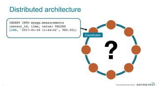 Distributed  architecture
13
INSERT INTO myapp.measurements
(sensor_id, time, value) VALUES
(100, '2017-01-30 11:44:42', 980.50);
Coordinator
 