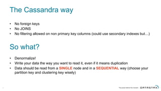 The  Cassandra  way
37
• No  foreign  keys
• No  JOINS
• No  filtering  allowed  on  non  primary  key  columns  (could  use  secondary  indexes  but…)
So  what?
• Denormalize!
• Write  your  data  the  way  you  want  to  read  it,  even  if  it  means  duplication
• Data  should  be  read  from  a  SINGLE node  and  in  a  SEQUENTIAL way  (choose  your  
partition  key  and  clustering  key  wisely)
 