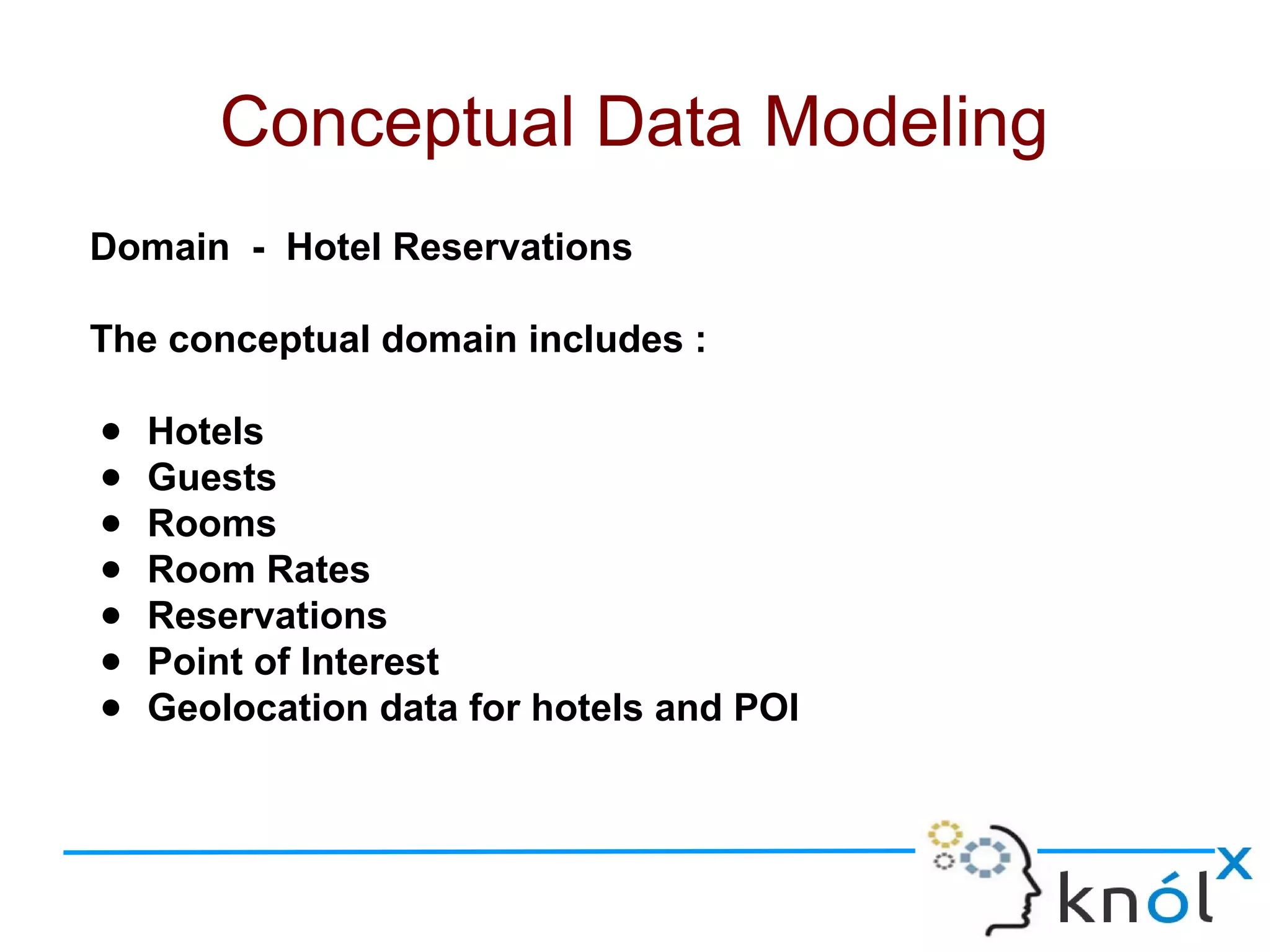 Domain - Hotel Reservations
The conceptual domain includes :
● Hotels
● Guests
● Rooms
● Room Rates
● Reservations
● Point of Interest
● Geolocation data for hotels and POI
Conceptual Data Modeling
 