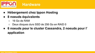 Ippon Technologies © 2015
Hardware
● Hébergement chez Ippon Hosting
● 8 noeuds équivalents
○ 16 Go de RAM
○ Deux disques durs SSD de 256 Go en RAID 0
● 6 noeuds pour le cluster Cassandra, 2 noeuds pour l’
application
 